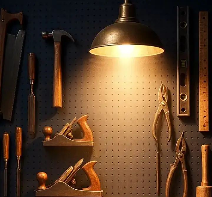 Pegboard with hammer, saw, planes and pliers