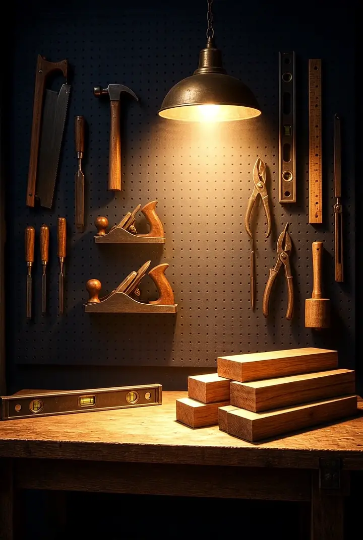 Workbench with a pegboard of hand tools under a warm lamp
