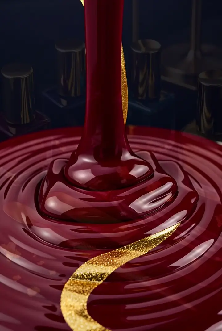 Oxblood lacquer pouring with a ribbon of gold