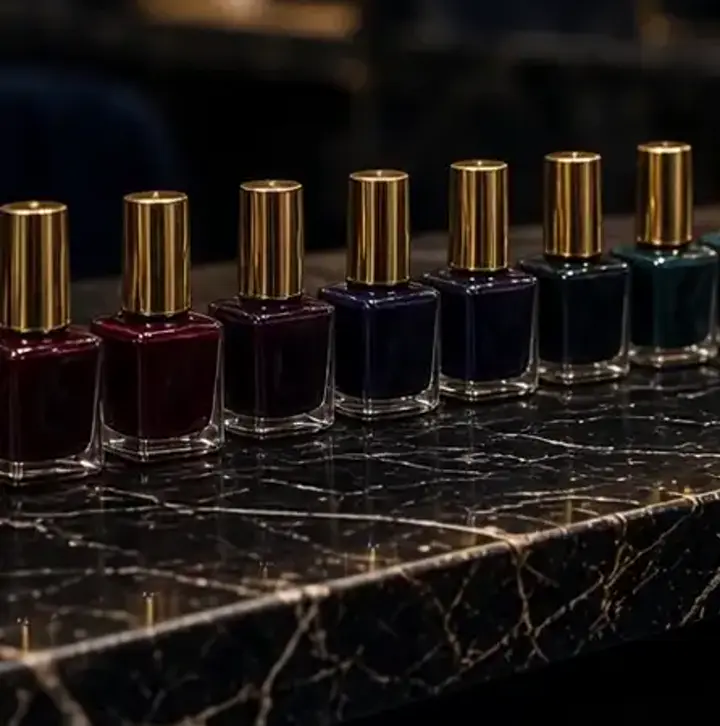 A row of jewel-tone polish bottles on a marble counter