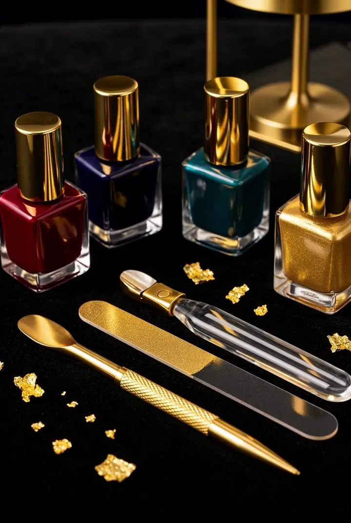 Polish bottles, gold tools and gold leaf on black