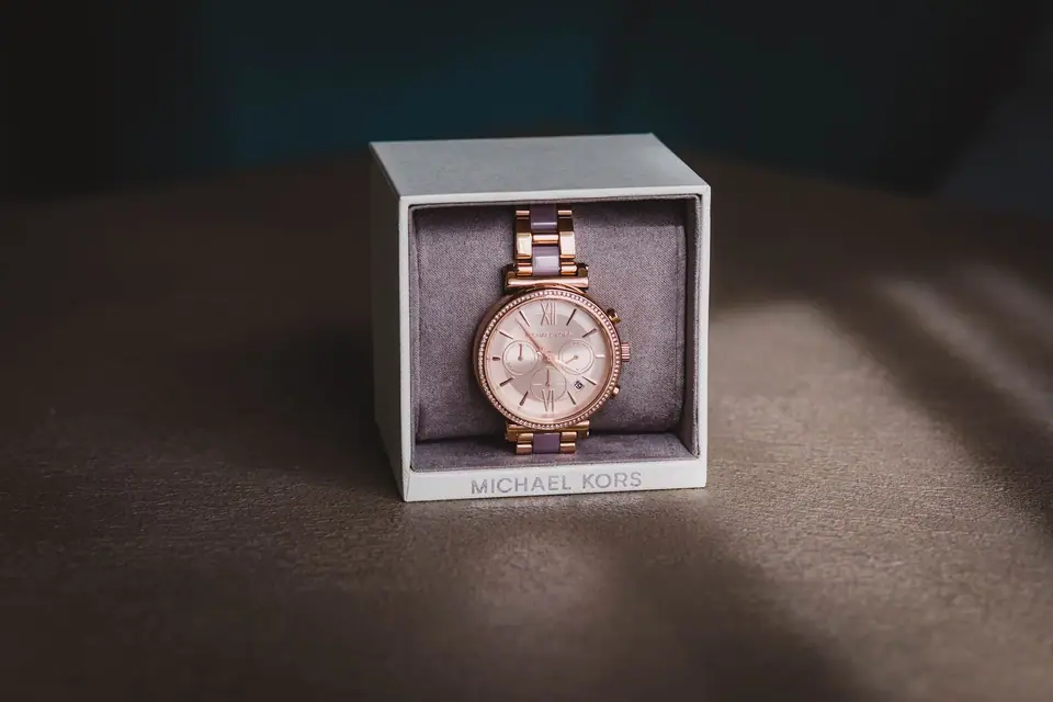 Rose gold watch in a presentation box