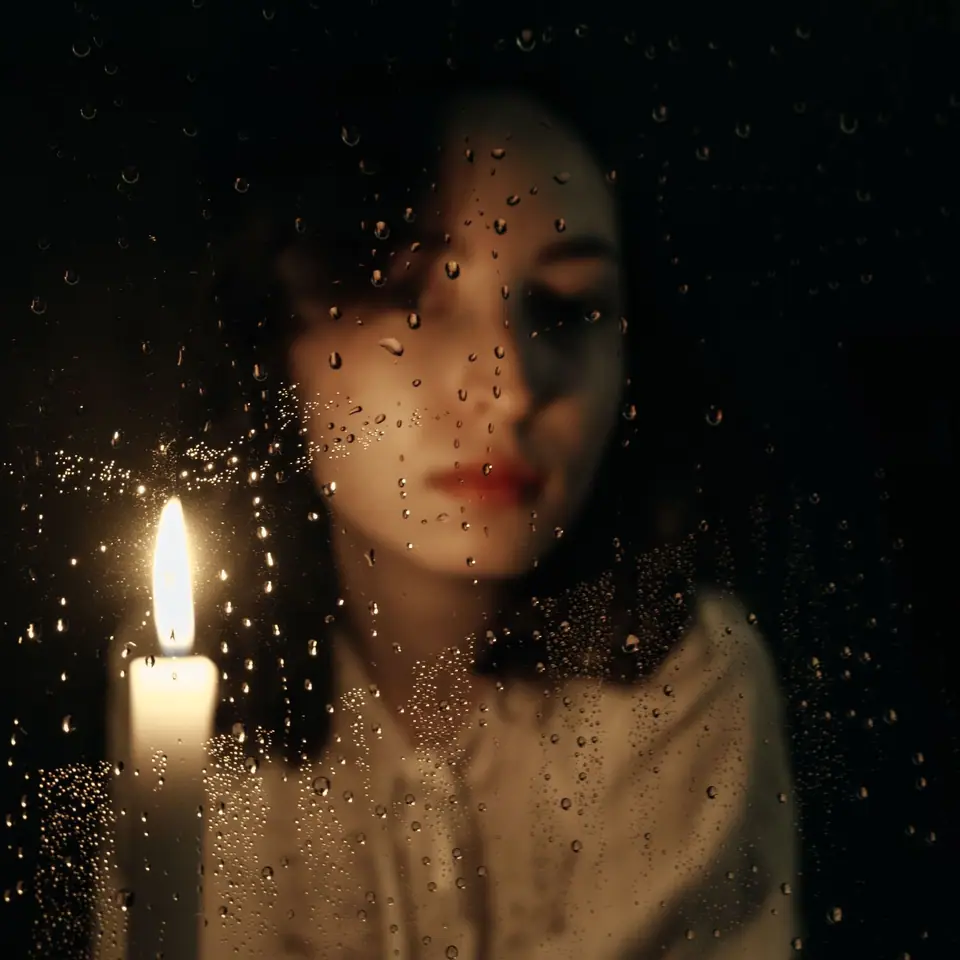 Portrait behind a rainy window lit by a candle