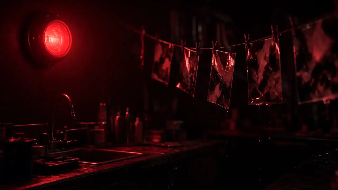 A darkroom lit by a red safelight, prints drying on a line (concept media)
