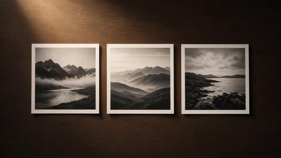 Three fine-art prints on a table under a moving light (concept media)