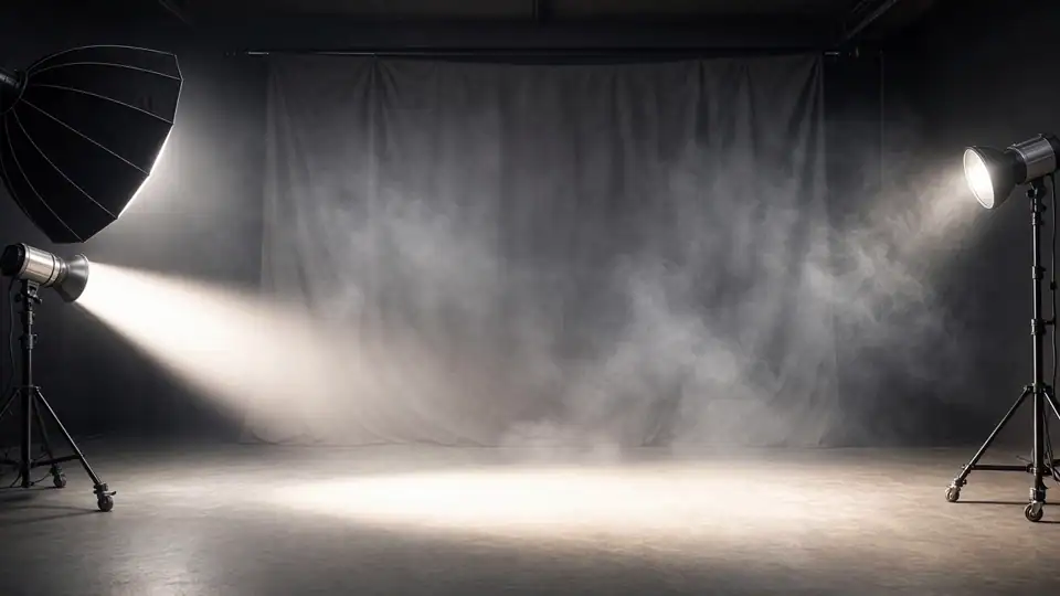 An empty studio with haze and strobe flare (concept media)