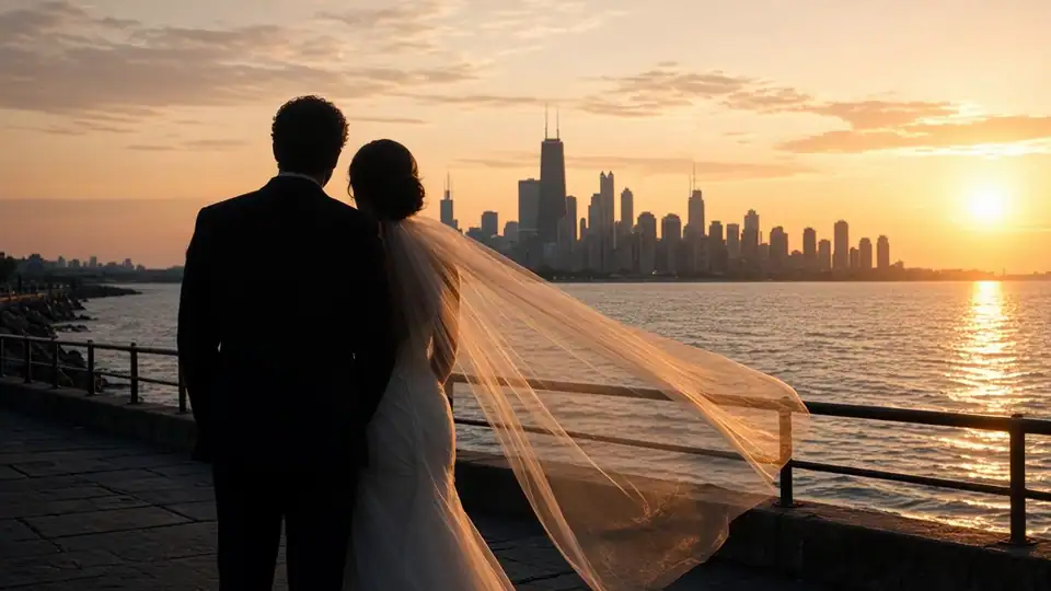 A couple on a lakefront pier at sunset, veil in the wind (concept media)